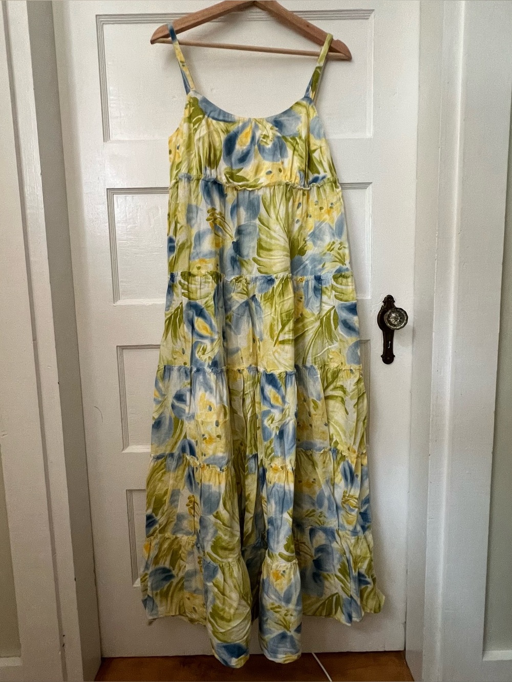 Yellow and Blue Floral Cotton Maxi Dress